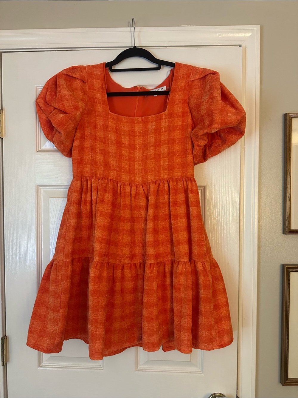 English Factory Orange Puff-Sleeve Tiered Dress